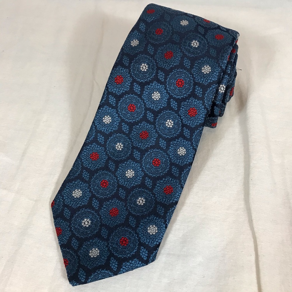 Blue Floral Neck Tie Polyester Circles Red White - Picture 1 of 8